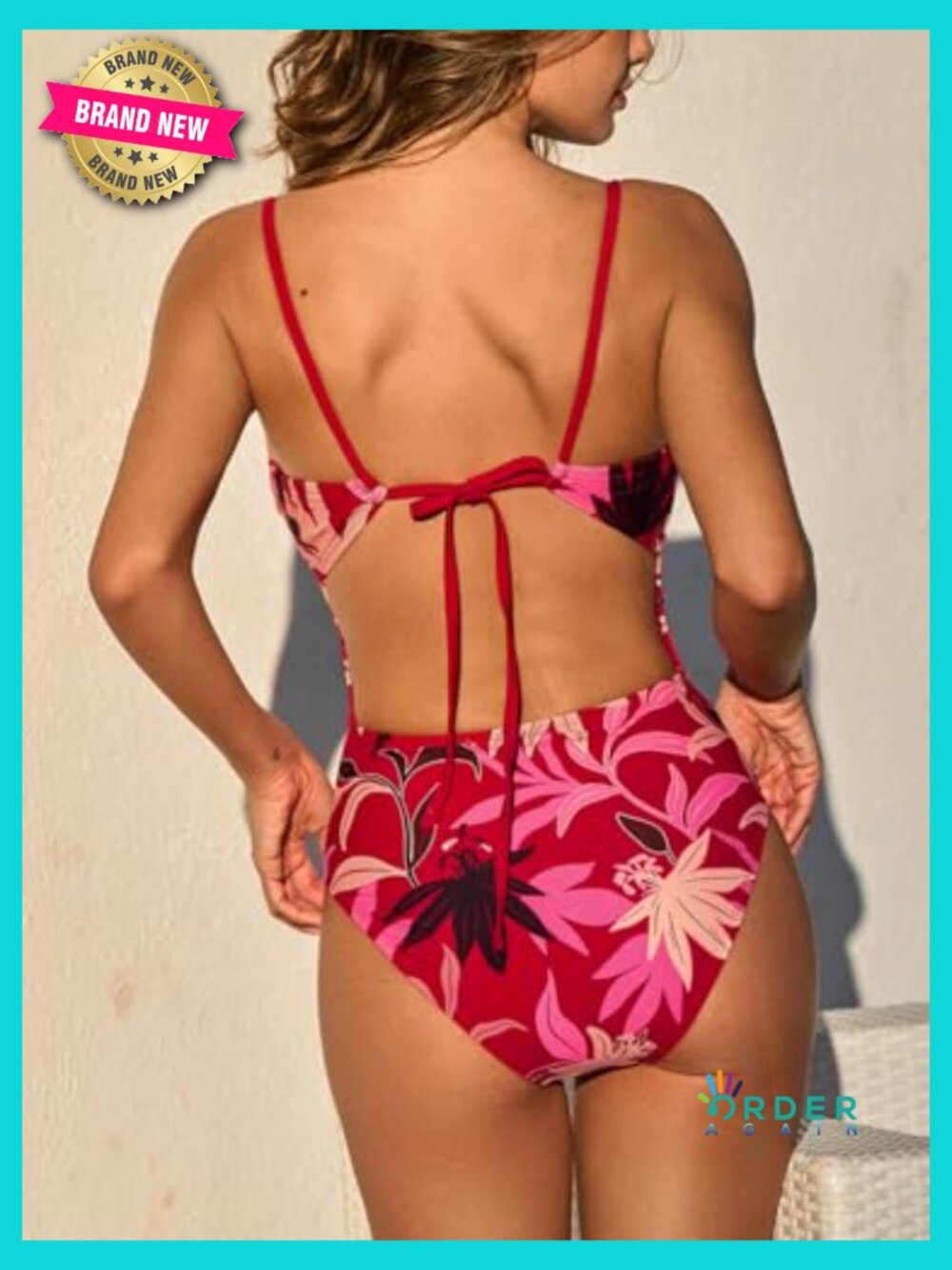 Deep V Plunging Neck Monokini One Piece Swimsuit Cutout Tie Back - Picture 2 of 6
